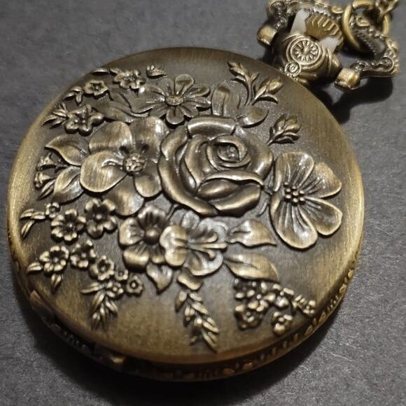 Gold Rose Roses Pocket Watch Necklace Women's Birthday Anniversary Gift - NEW
